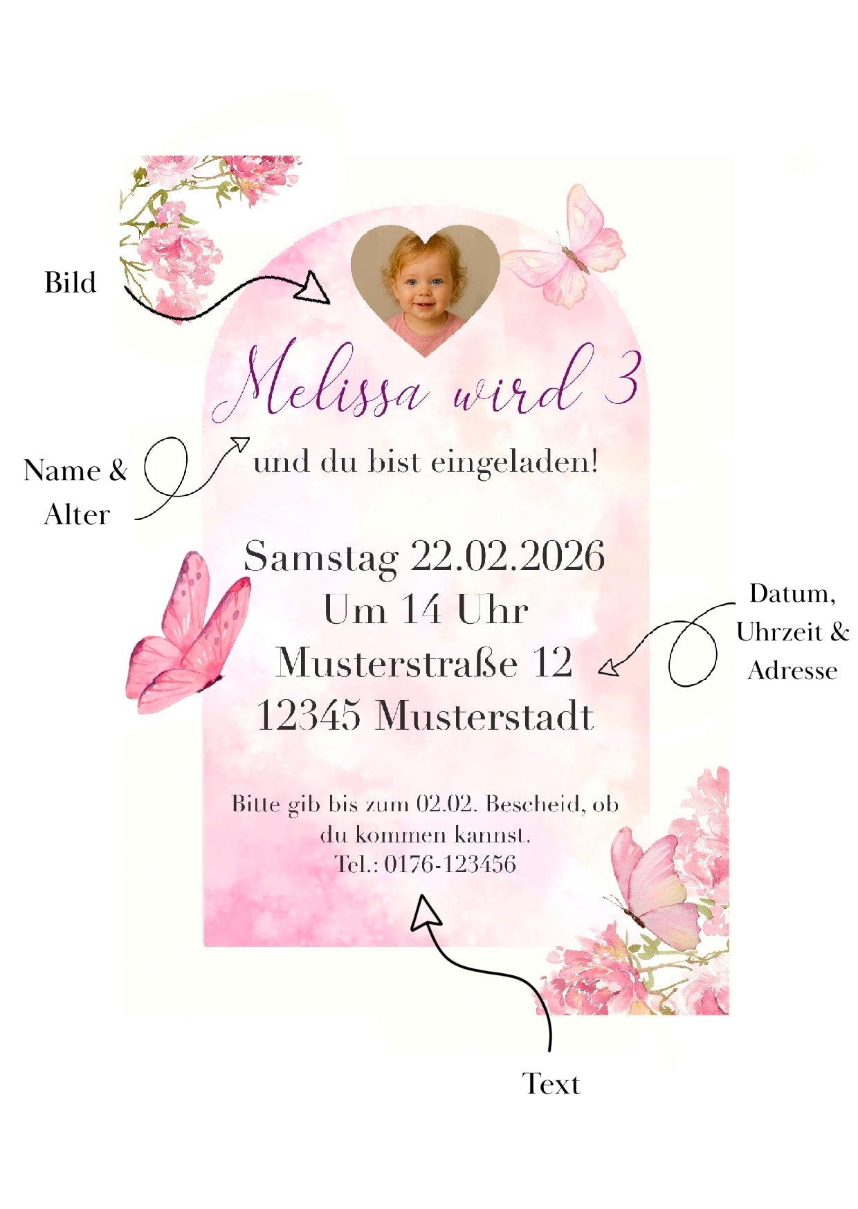 Personalisierte Geburtstagseinladung „Schmetterlinge“ - digitaler Download