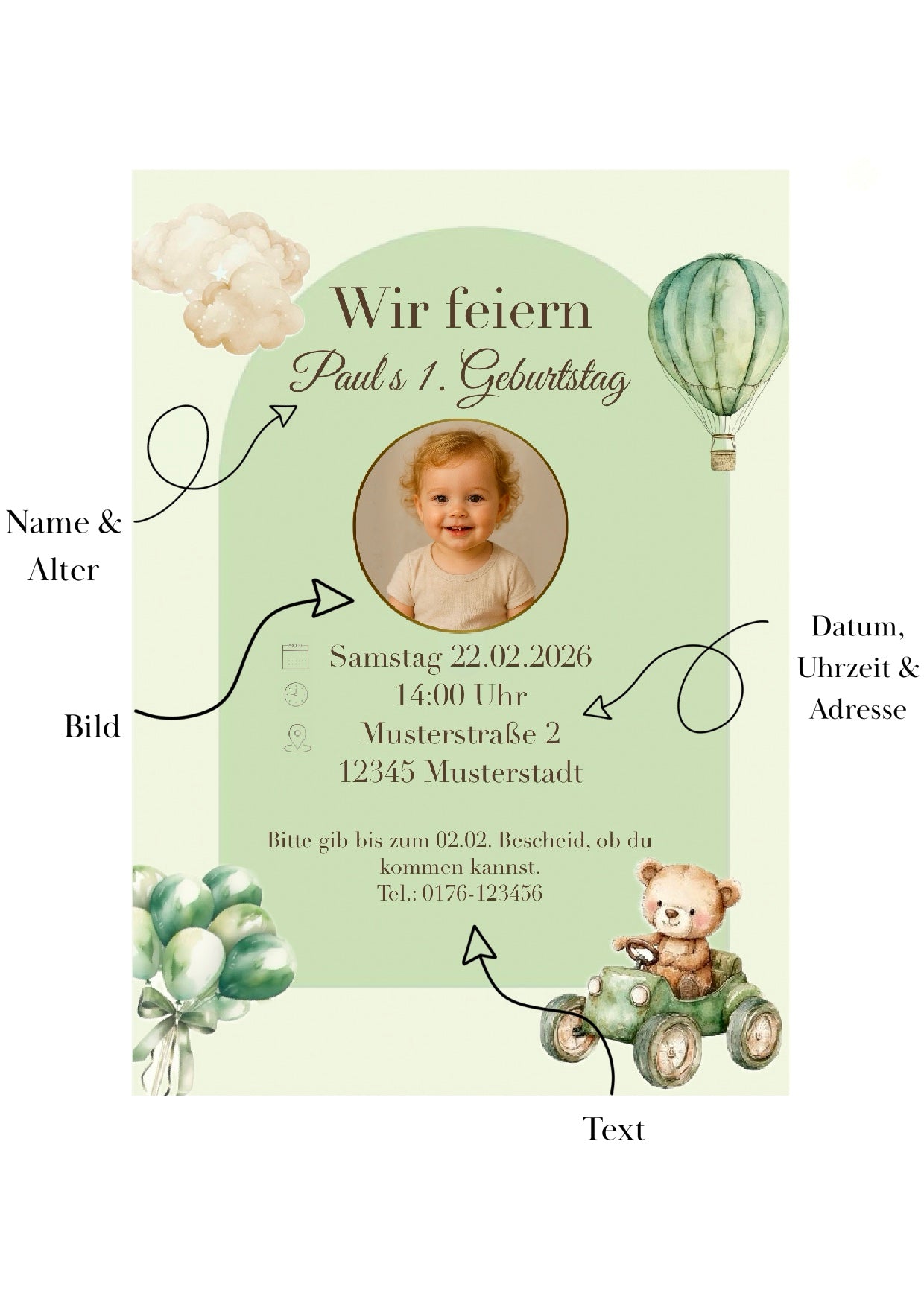 Personalisierte Geburtstagseinladung „Grün“ - digitaler Download