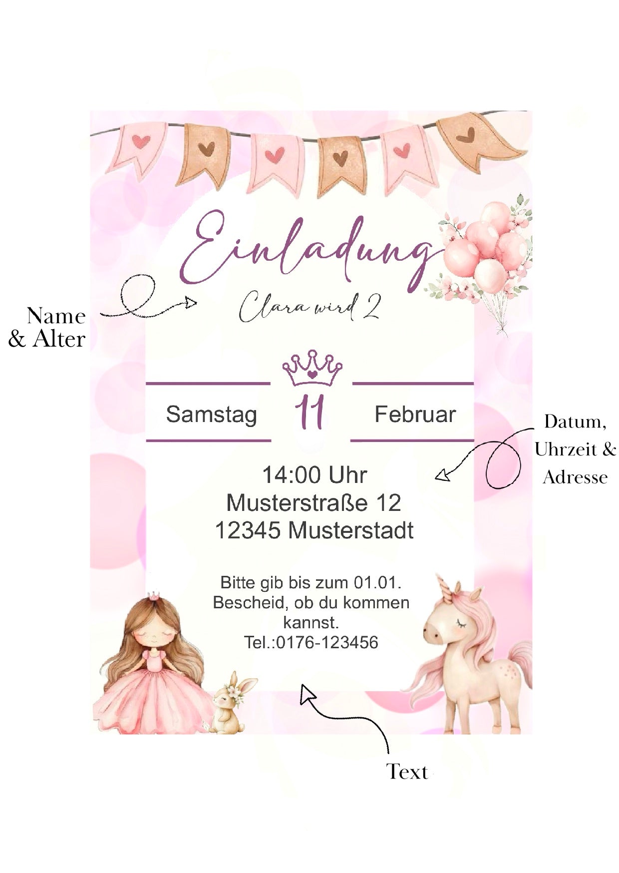 Personalisierte Geburtstagseinladung „Prinzessin“ - digitaler Download