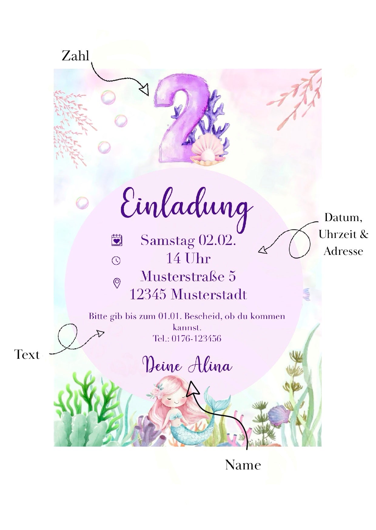 Personalisierte Geburtstagseinladung „Meerjungfrau“ - digitaler Download