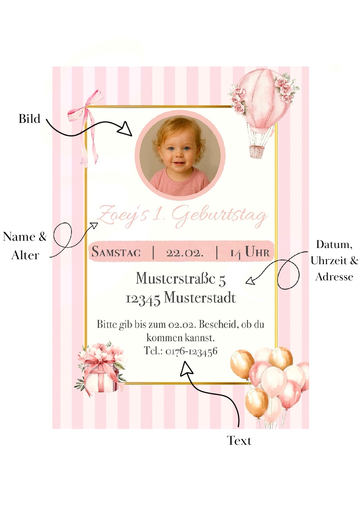 Personalisierte Geburtstagseinladung „Rosa“ - digitaler Download